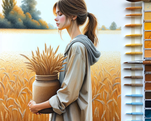 Young Woman in Wheat Fields with Art Supplies Nearby