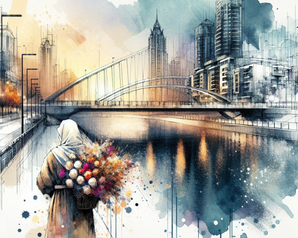 Woman in Traditional Attire by Calm River and City Skyline