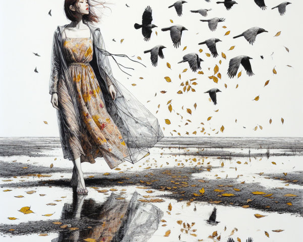 Woman in Floral Dress Surrounded by Nature Elements