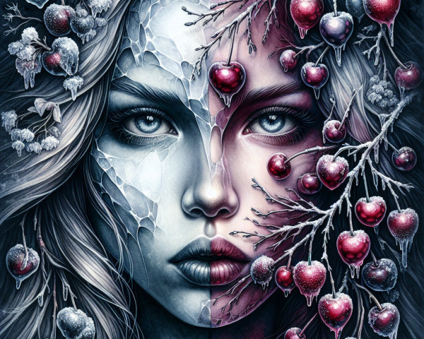 Split Face Artwork: Ice and Warmth Contrast