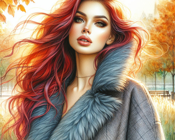 Woman with Red Hair in Autumn Park Setting