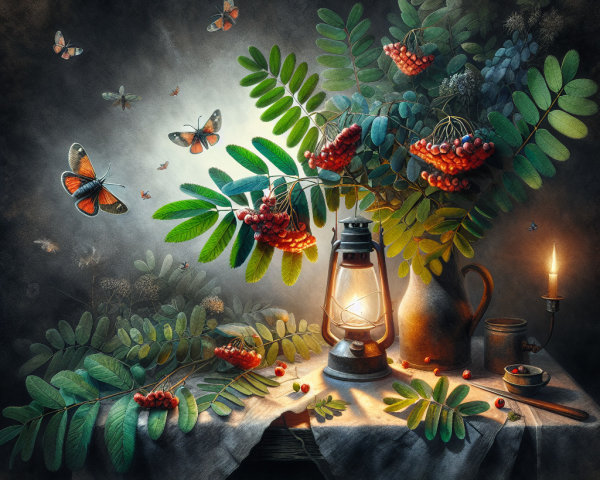 Rustic Lantern Still Life with Greenery and Berries