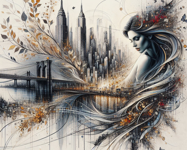 Female Figure with City Skyline and Nature Elements