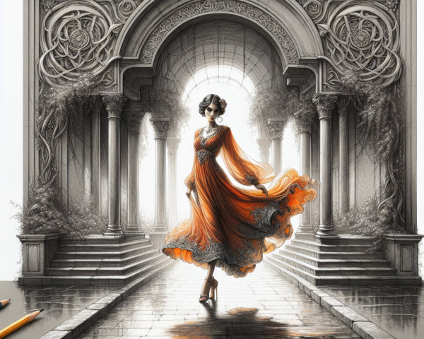 Elegant Figure in Orange Gown Amidst Architectural Beauty