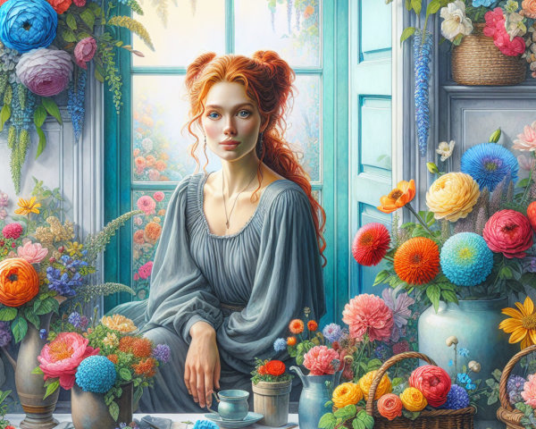 Young Woman Surrounded by Flowers in Sunlit Room