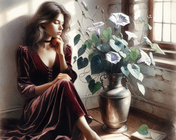 Contemplative Woman by Sunlit Window with Flowers