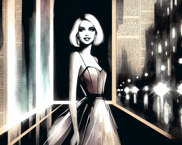 Stylish Woman in Elegant Gown Against City Lights
