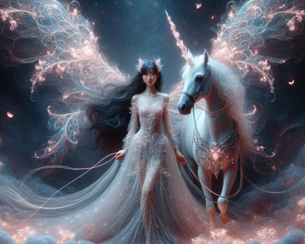 Mystical Scene with Woman and Unicorn in Enchanting Light