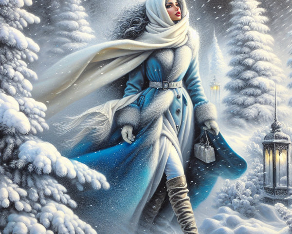 Woman in Powder Blue Coat Walking in Snowy Forest