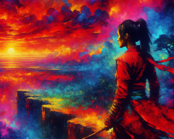 Warrior in Red Outfit Overlooking Sunset on Cliff