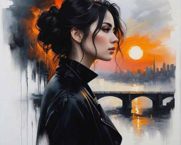 Profile of Woman in Leather Jacket Against Sunset Scene