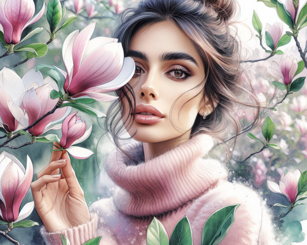 Digital Painting of Woman with Pink Magnolia Flowers