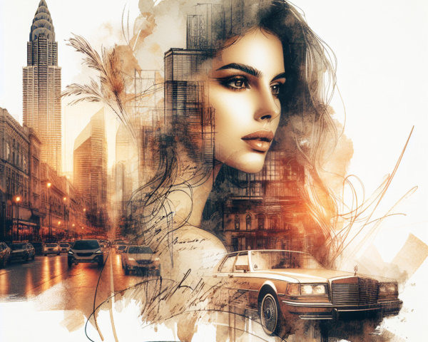 Portrait of a Woman Merged with Urban Cityscape