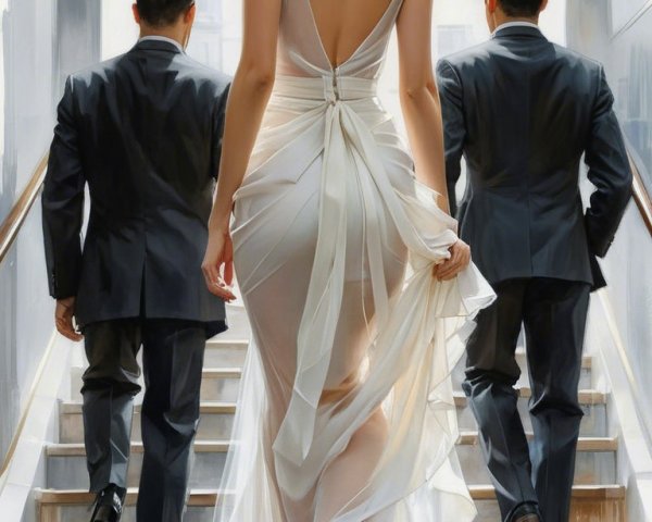Elegant Woman in Backless Gown on Grand Staircase
