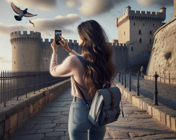 Young Woman on Cobblestone Path with Castle Background