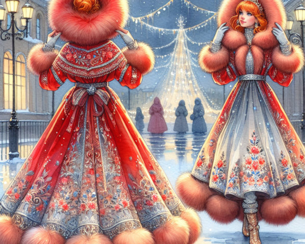 Elaborate Winter Coats with Tiaras in Snowy Scene