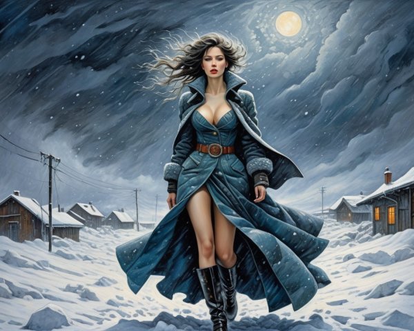 Woman in blue coat walking through snowy landscape