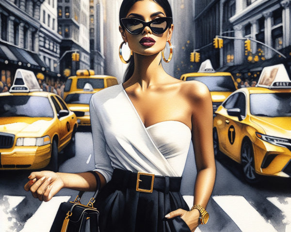 Stylish Woman in Chic Outfit on Busy City Street