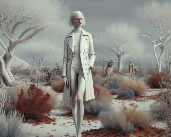 Surreal Landscape with Ethereal Figure and Ghostly Trees