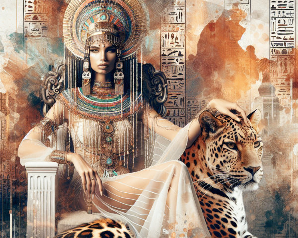 Regal Woman on Throne with Majestic Leopard and Hieroglyphs