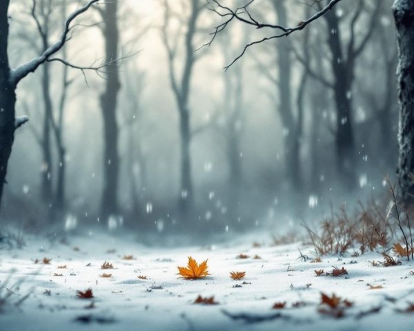 Wintry forest scene with snow-covered trees and leaf