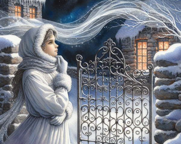 Watercolor Painting of Woman in Winter Attire