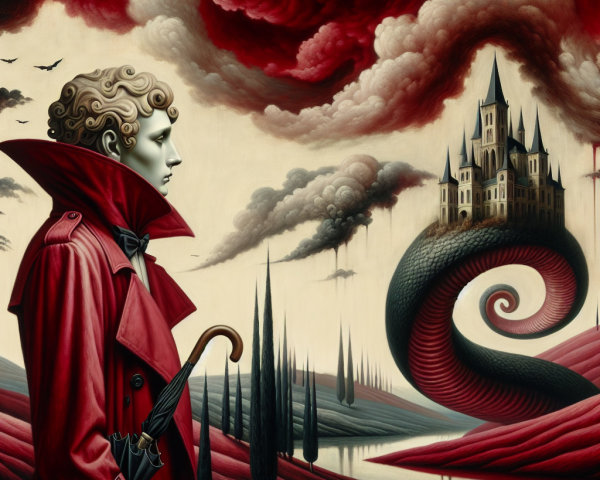 Surreal Landscape with Figure, Castle, and Dramatic Sky