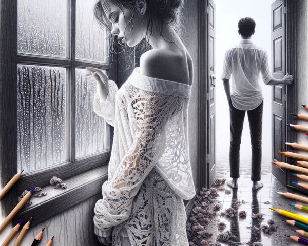 Melancholic Scene of Woman by Rain-Streaked Window