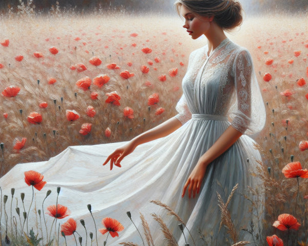 Young Woman in White Dress Among Red Poppies