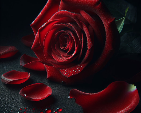 Detailed Red Rose with Dewdrops on Dark Background