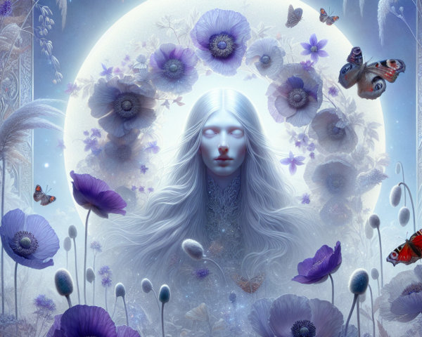 Serene portrait of a pale figure in a dreamlike landscape