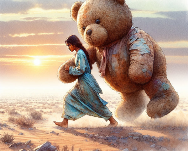 Young girl in desert with teddy bears at sunset