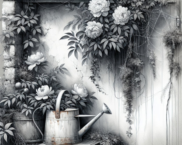 Monochrome Illustration of Watering Can and Peonies