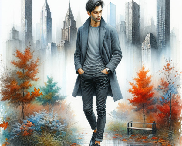 Young man in urban landscape with autumn foliage