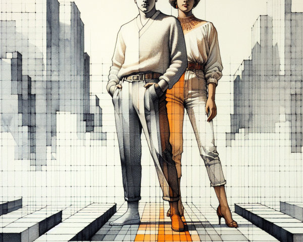 Stylish Figures Against Abstract Geometric Background