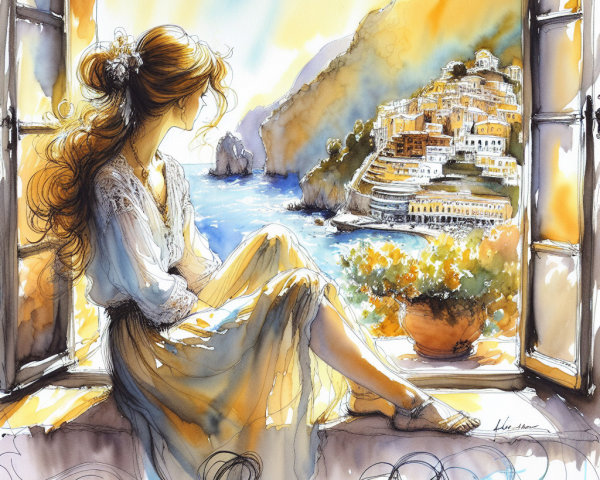 Serene Woman by Window Overlooking Coastal Village