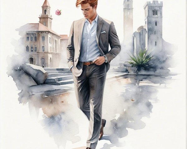 Stylish Young Man in Gray Suit Amidst Mediterranean Setting