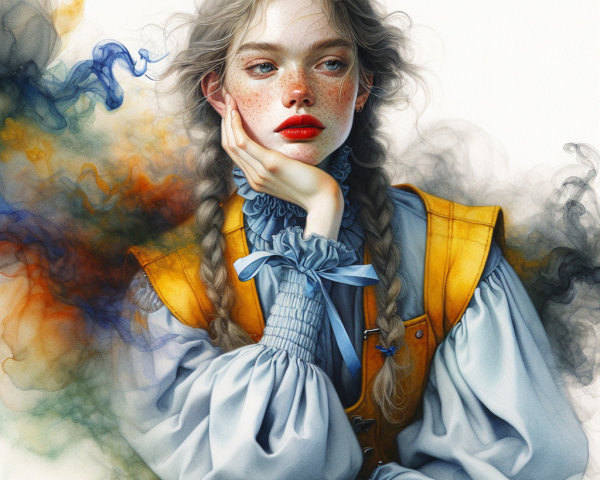 Young woman in colorful outfit with ethereal background