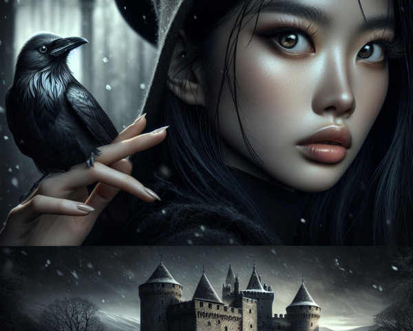 Portrait of a Young Woman with Raven and Castle Background