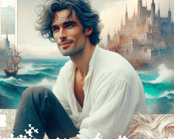 Young man by ocean with castle and distant ship