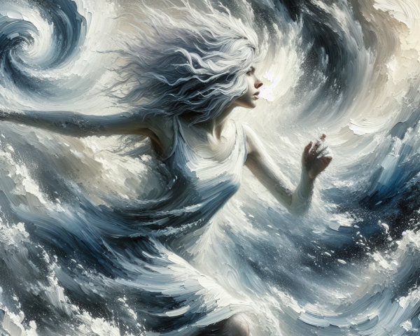 Woman with White Hair in Turbulent Sea Scene