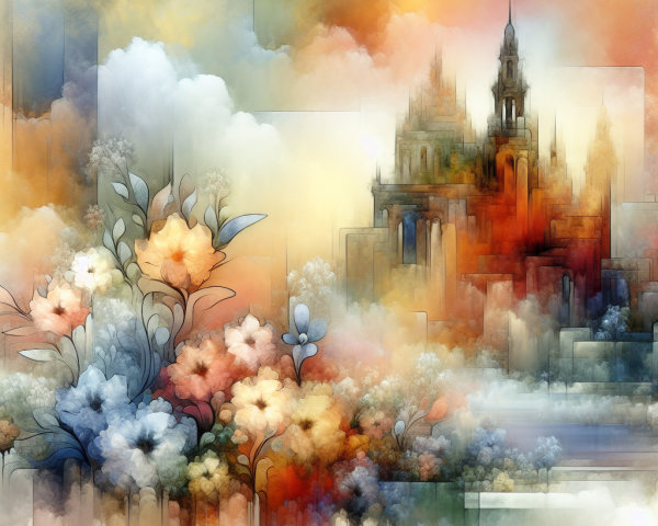 Dreamy Landscape with Abstract Flowers and Castle Silhouette