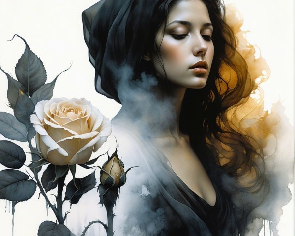 Contemplative Young Woman in Dark Hood with Roses