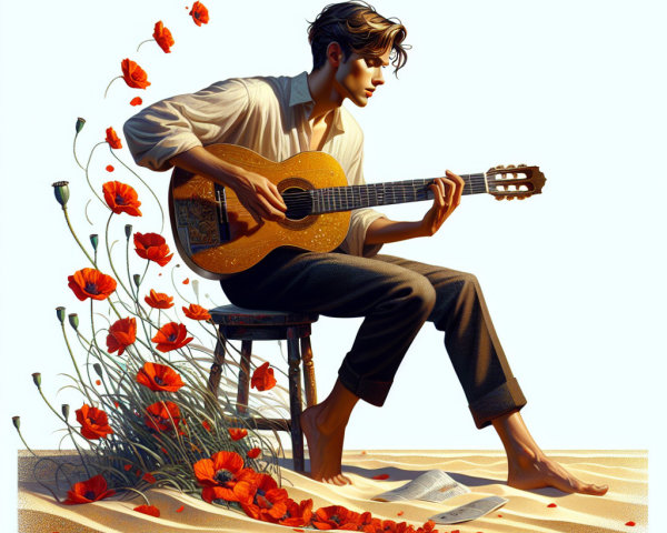 Young man playing guitar among red poppies and sand