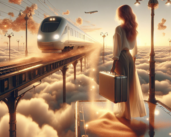 Woman on Cloud Platform with Futuristic Train and Plane