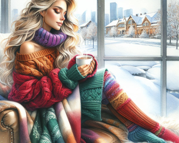 Cozy Winter Scene of a Woman by a Snowy Window
