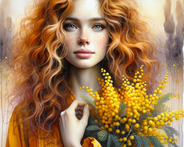 Young woman with red hair and mimosa flowers