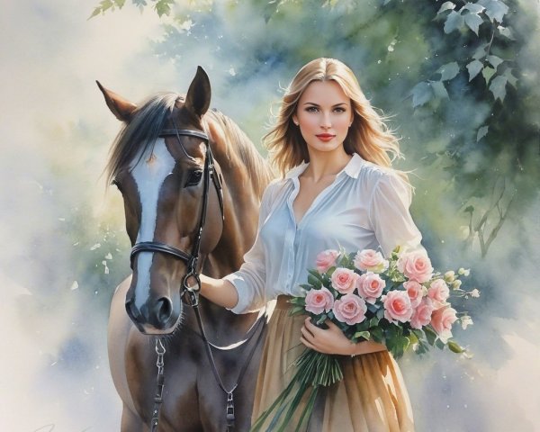 Elegant Woman with Horse and Pink Roses in Nature