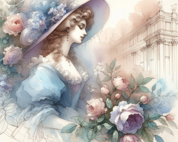 Elegant Woman in Vintage Gown with Floral Hat