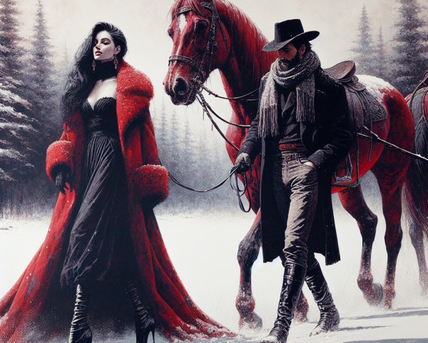 Snowy Landscape with Woman in Red Coat and Horse
